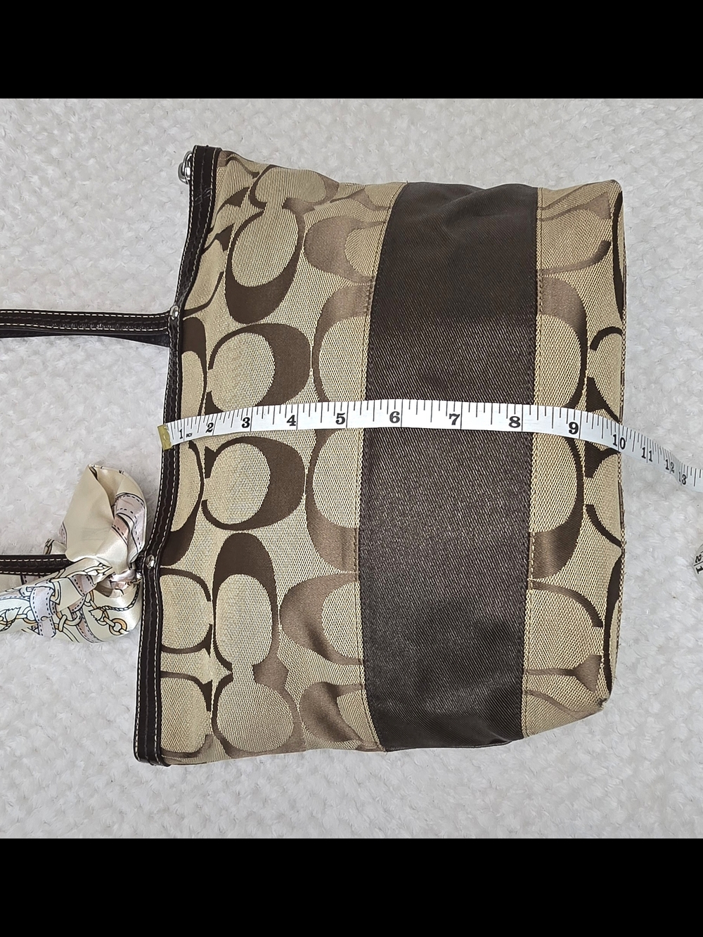 Coach Signature Stripe Canvas Tote Bag Brown Khaki Leather Trim Zip Top - Picture 11 of 11